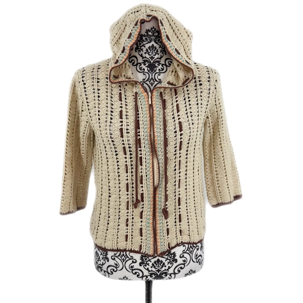 Vintage Athleta Boho Multicolor 100% Cotton Crochet Hoodie Sweater Zip Up Y2K, S